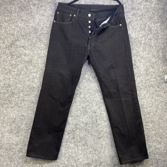 Levis 501 Jeans 34x30 Black Straight Leg Button Fly American Denim Grunge Dark - Picture 1 of 12